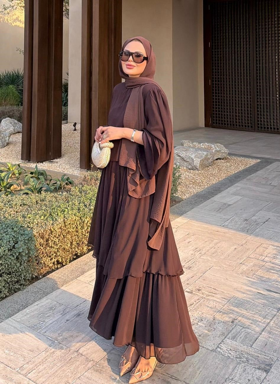 Layered Cape Chiffon Co-ord Set with Tiered Ruffle Skirt - Brown