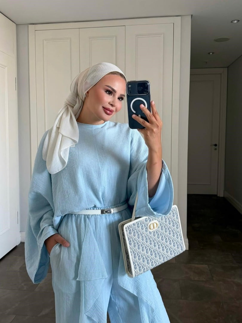 Suzy Blue Tesettür Pantolon Takım - Astarlı Yarasa Kol İki Parça Kıyafet