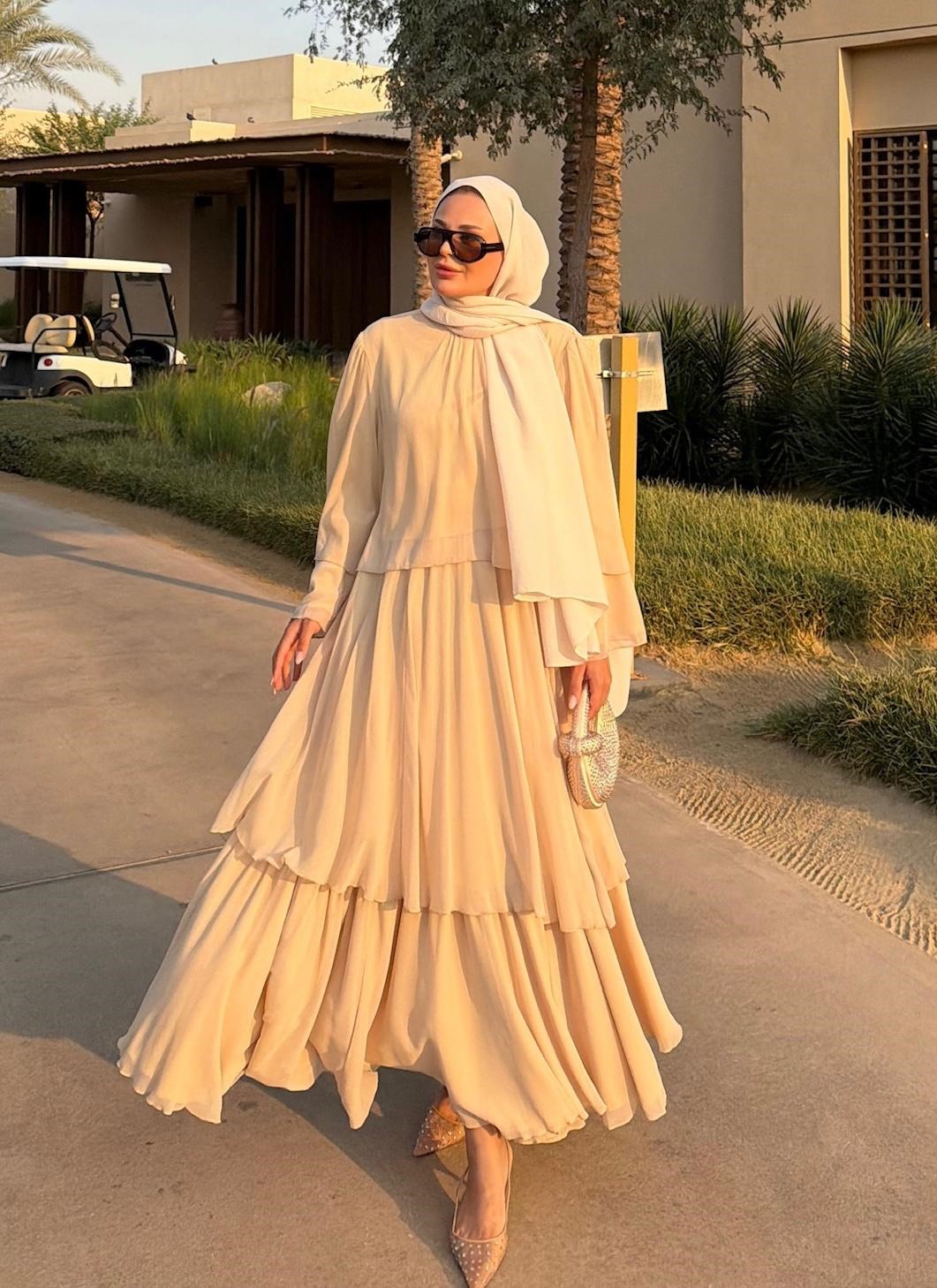 Layered Cape Chiffon Co-ord Set with Tiered Ruffle Skirt - Beige