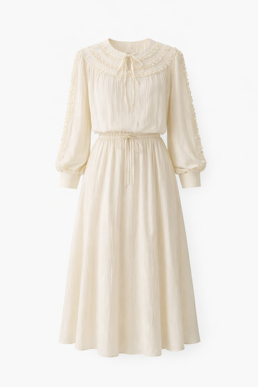Cream Ruffle Trim Co-ord Set with Tie Neck, Puff Sleeves & Drawstring Waist