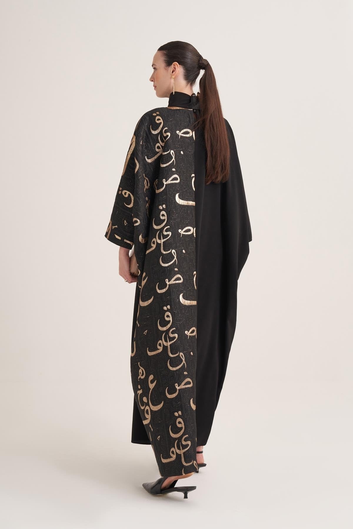 Black & Gold Arabic Calligraphy Kaftan with Batwing Sleeves