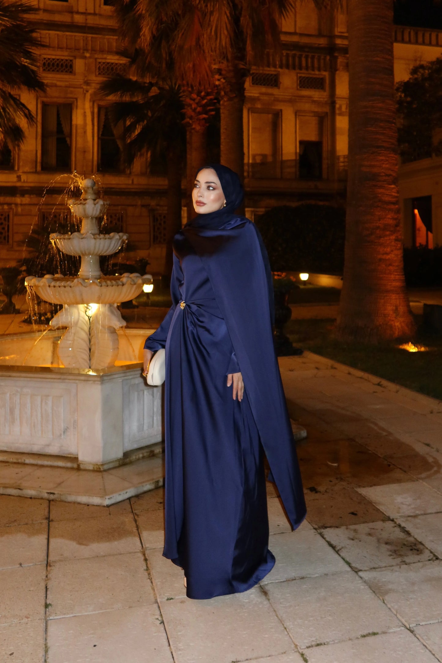 Brooch Detailed Silky Satin Navy Blue Evening Dress