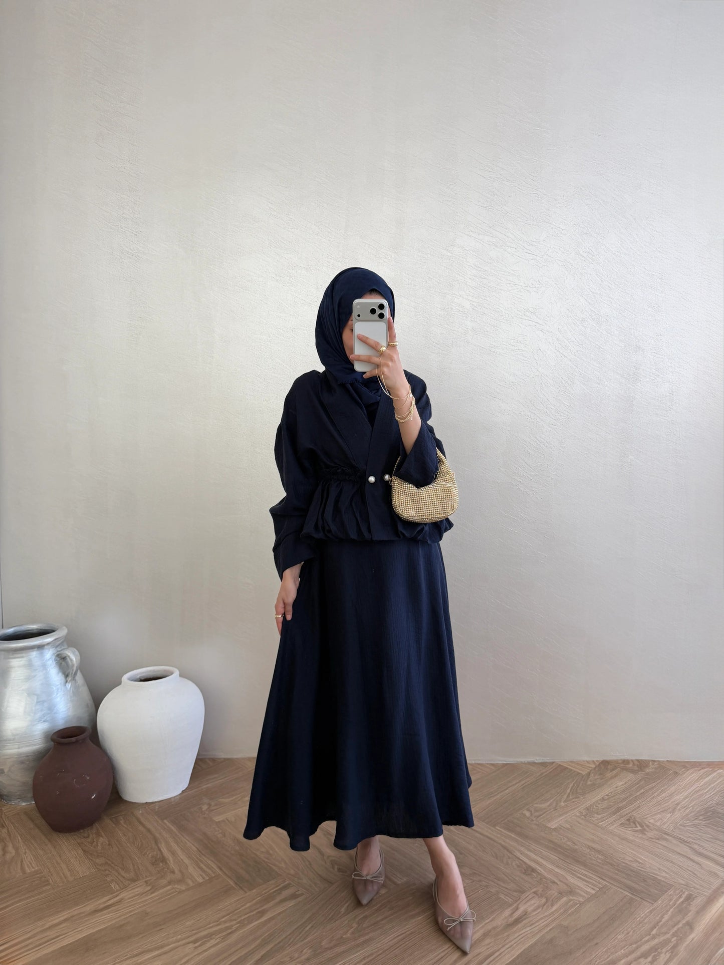 Navy Blue Pearl-Button Vual Co-ord Set — Modest Blouse & Maxi Skirt