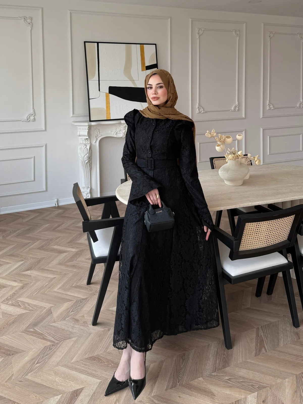 Lace Detailed Belted Maxi Dress - Black