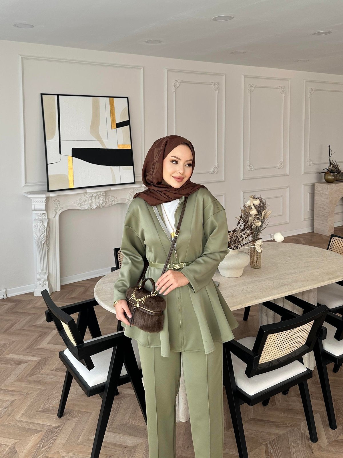 Premium Scuba Fabric Two-Piece Set -Khaki