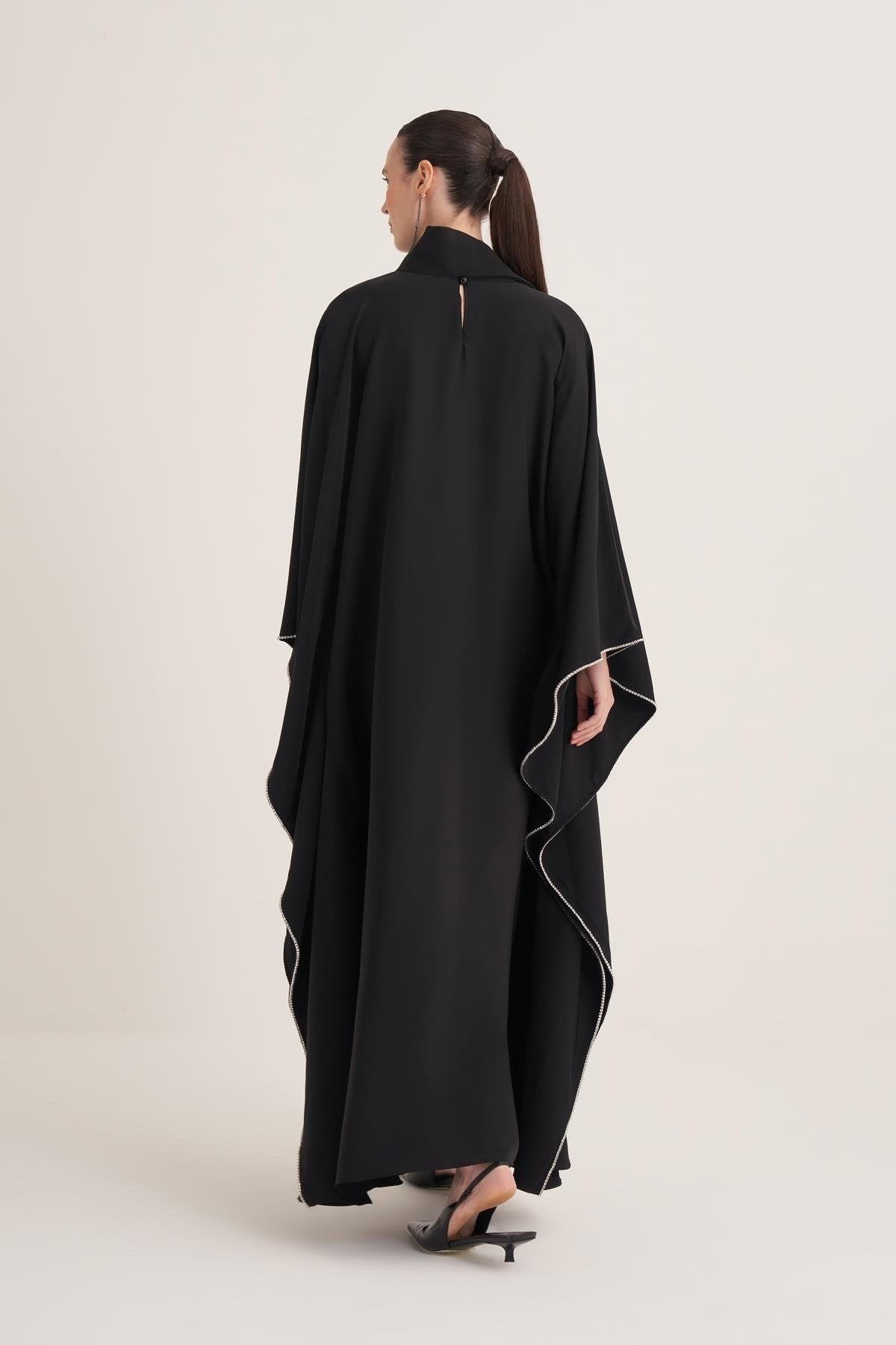 Black Cape Sleeve Kaftan with Crystal Trim & Adjustable Belt