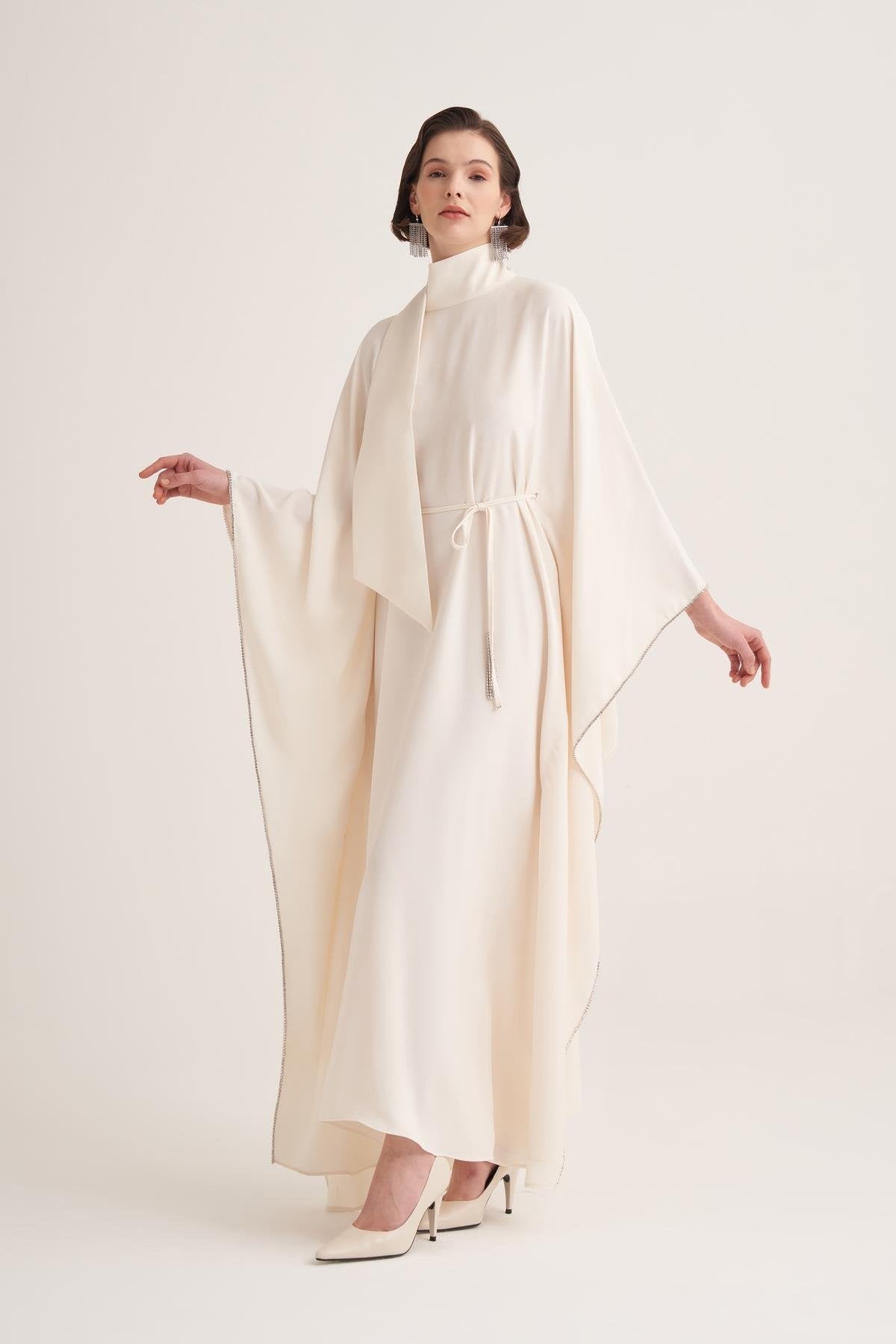 Cream Cape Sleeve Kaftan with Crystal Trim & Adjustable Belt