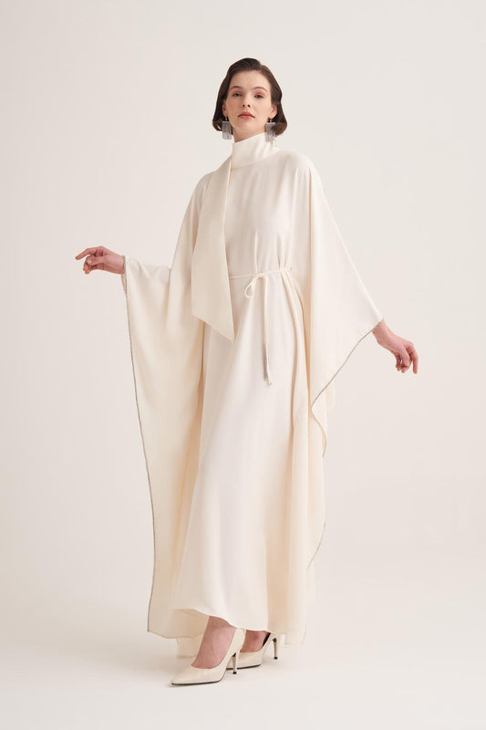 Cream Cape Sleeve Kaftan with Crystal Trim & Adjustable Belt