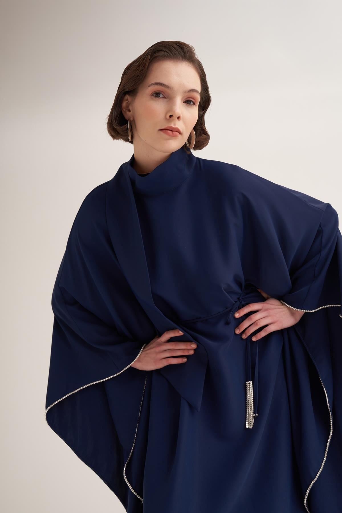 Navy Blue Cape Sleeve Kaftan with Crystal Trim & Adjustable Belt