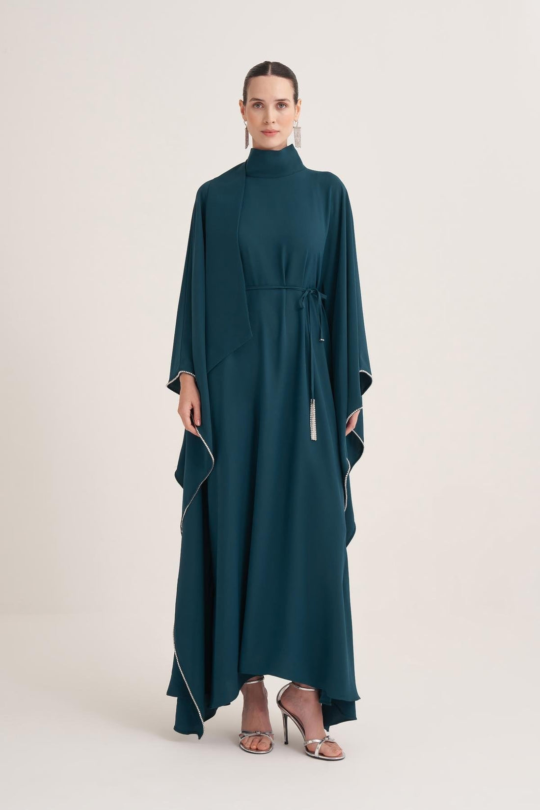 Patrol Blue Cape Sleeve Kaftan with Crystal Trim & Adjustable Belt