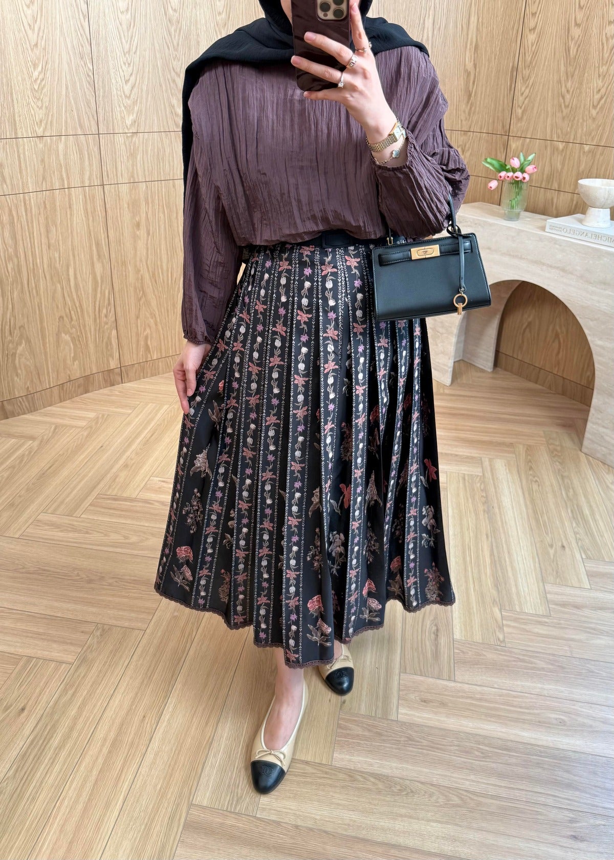 Lily Co-ord Set — Black Textured Blouse & Floral Pleated Midi Skirt