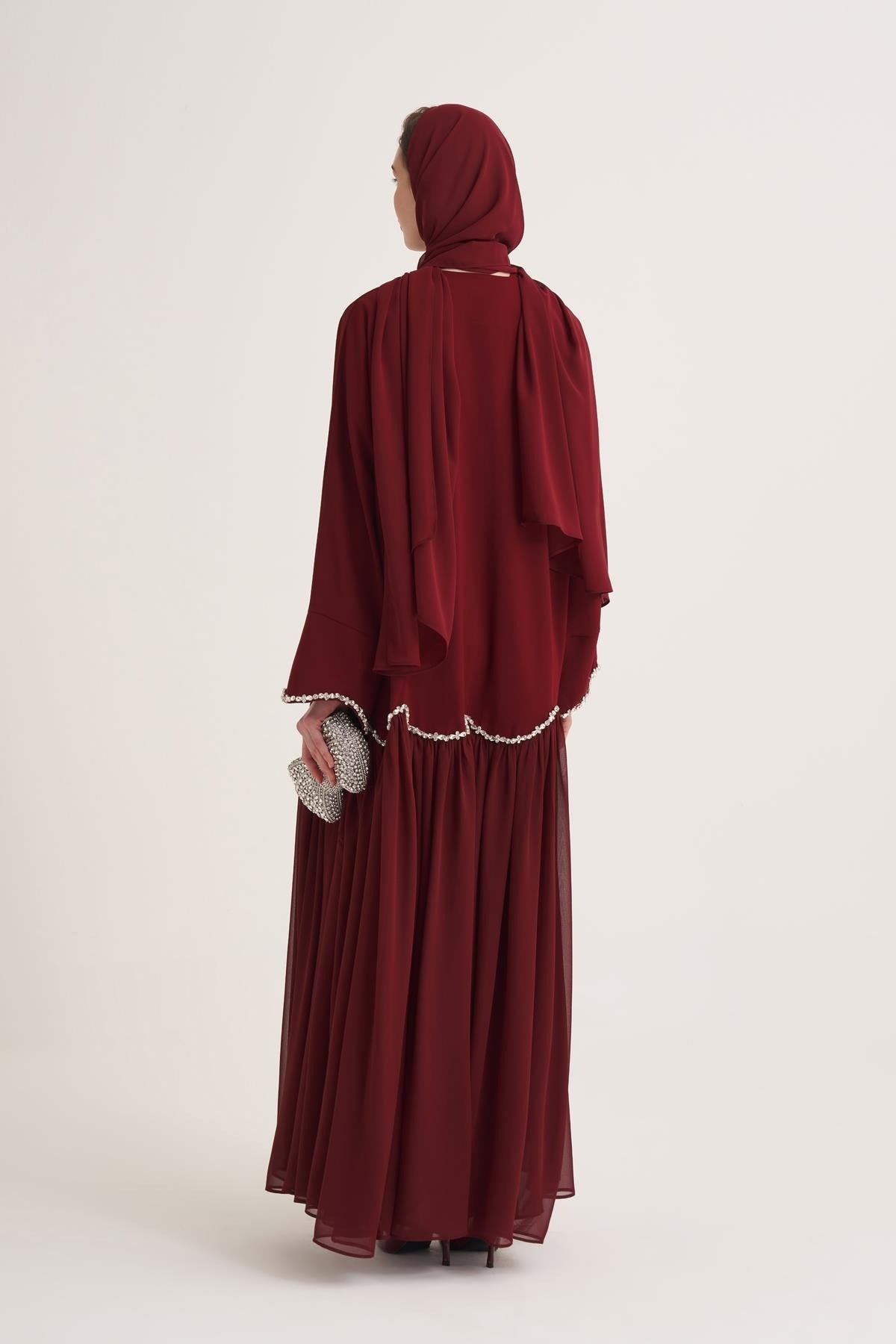 Lina Crystal Embellished Abaya with Matching Scarf - Burgundy