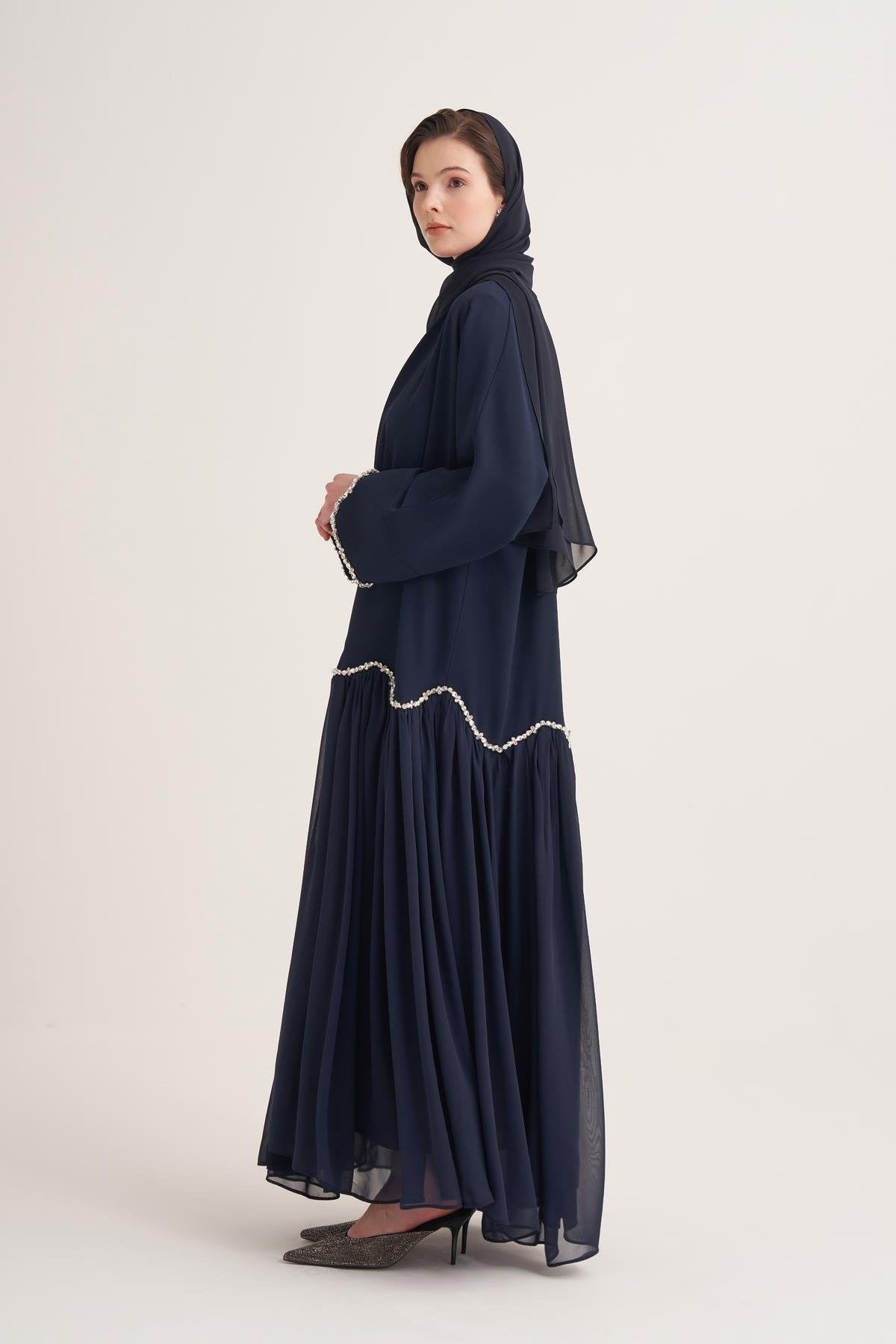 Lina Crystal Embellished Abaya with Matching Scarf - Navy Blue