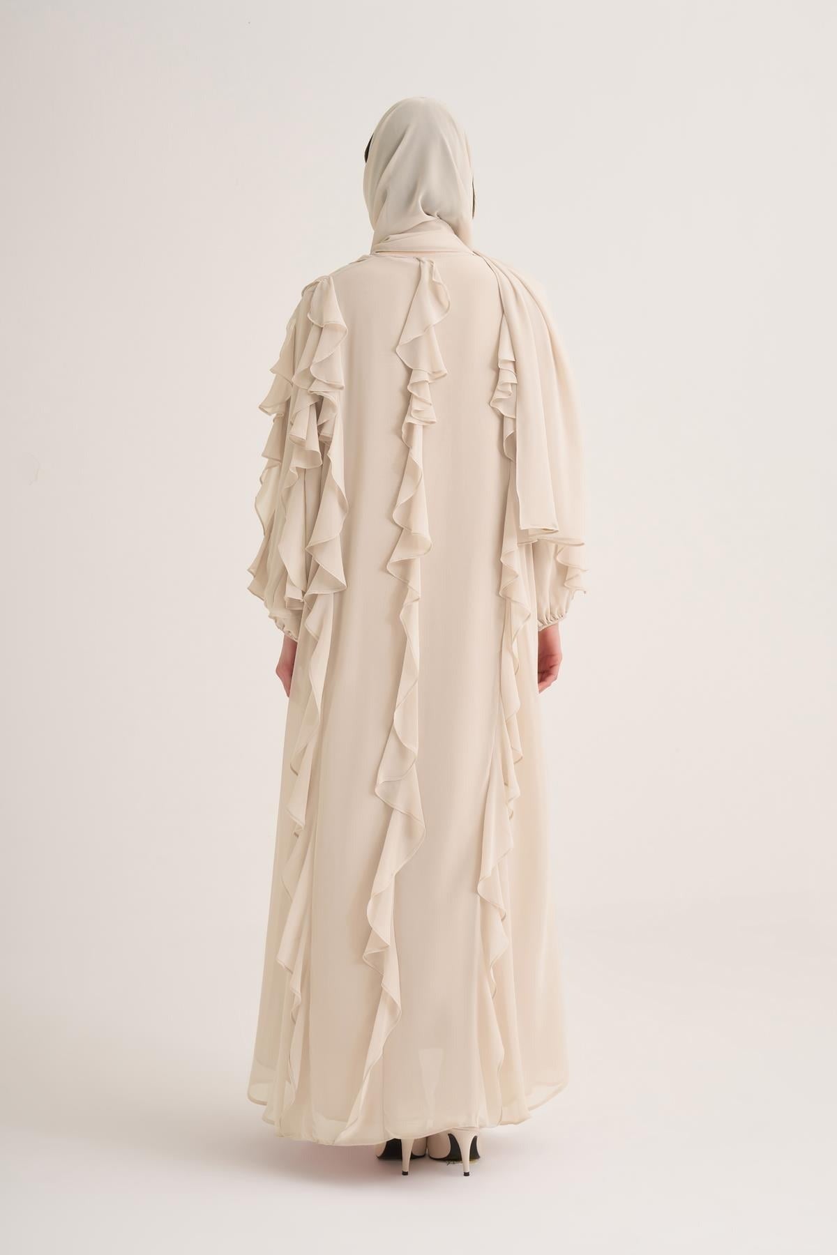 Chiffon Ruffle Open Abaya with Matching Scarf in Beige