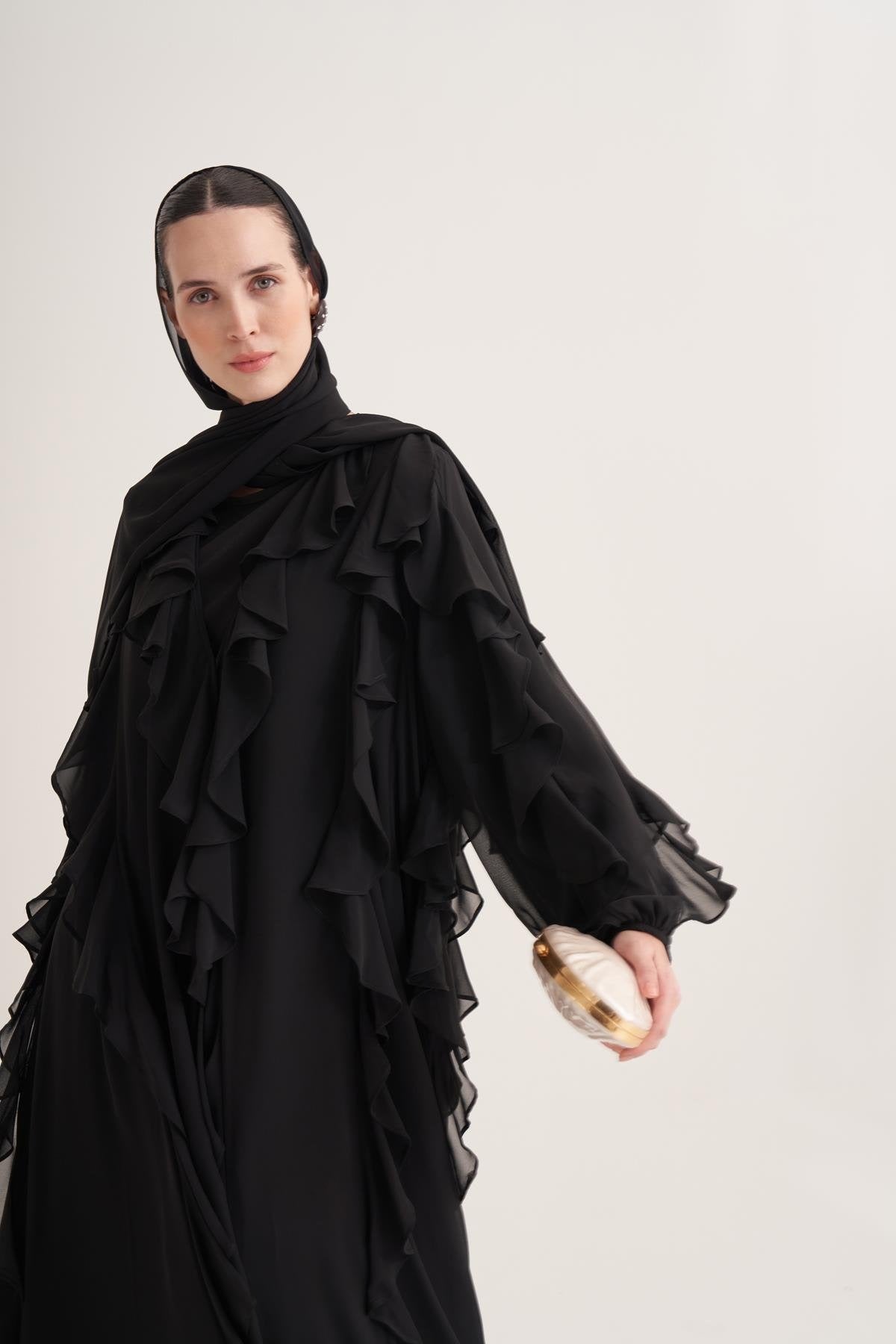 Chiffon Ruffle Open Abaya with Matching Scarf in Black