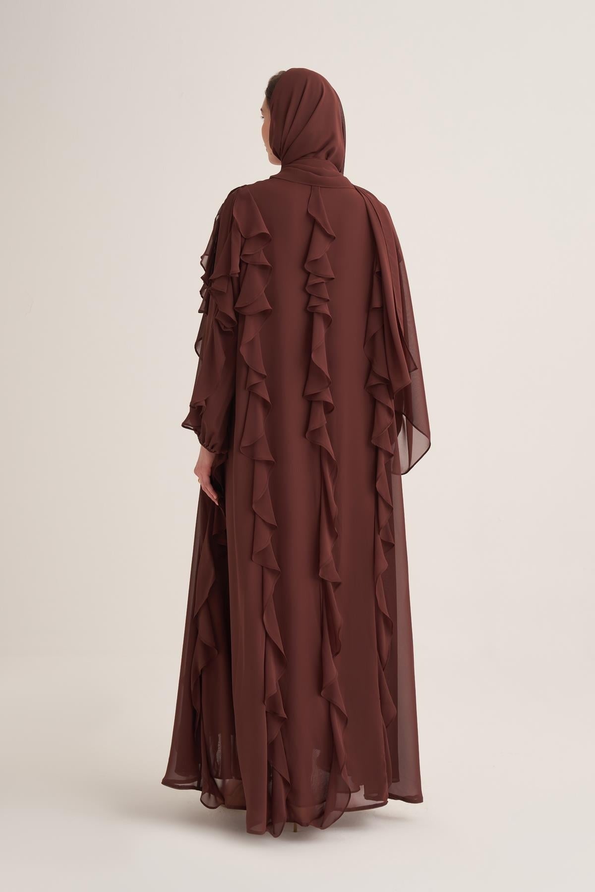 Chiffon Ruffle Open Abaya with Matching Scarf in Brown