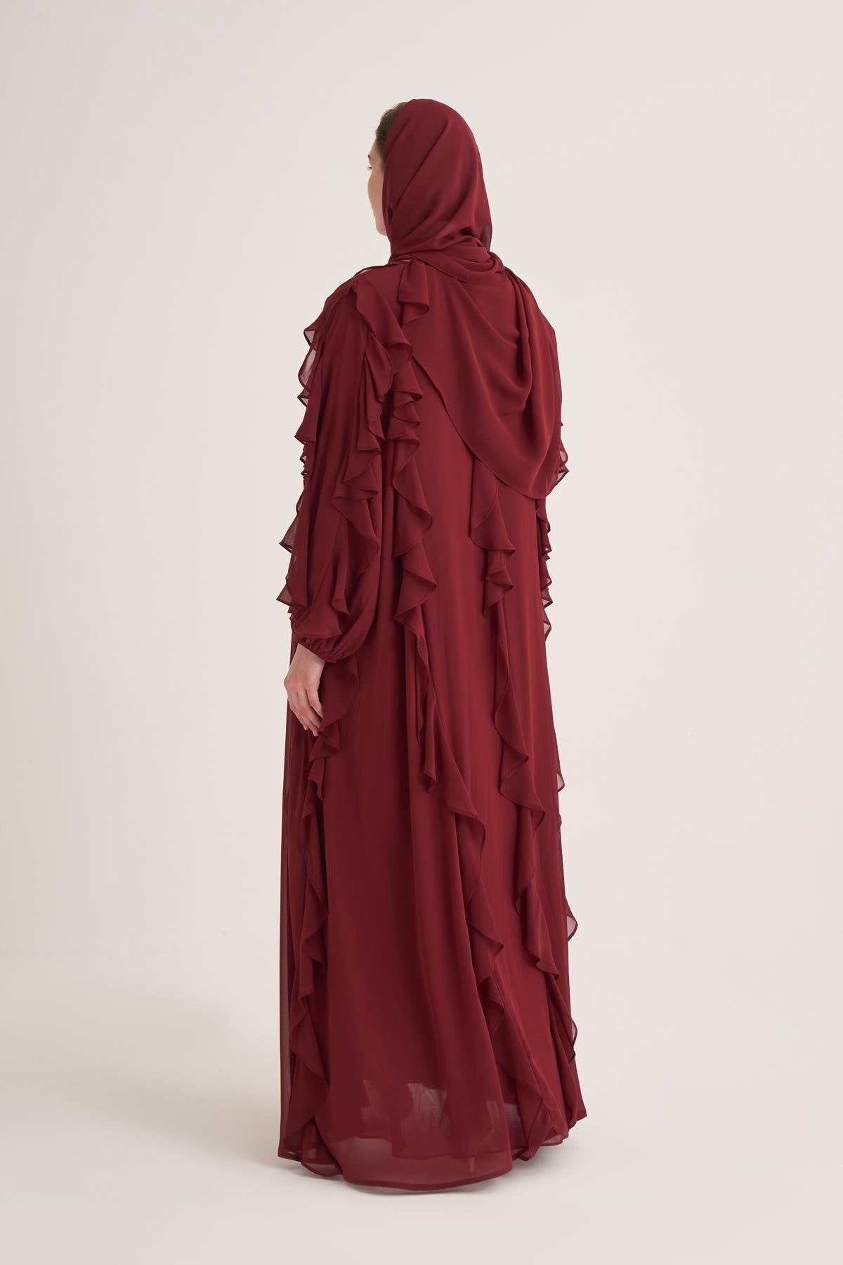 Chiffon Ruffle Open Abaya with Matching Scarf in Burgundy