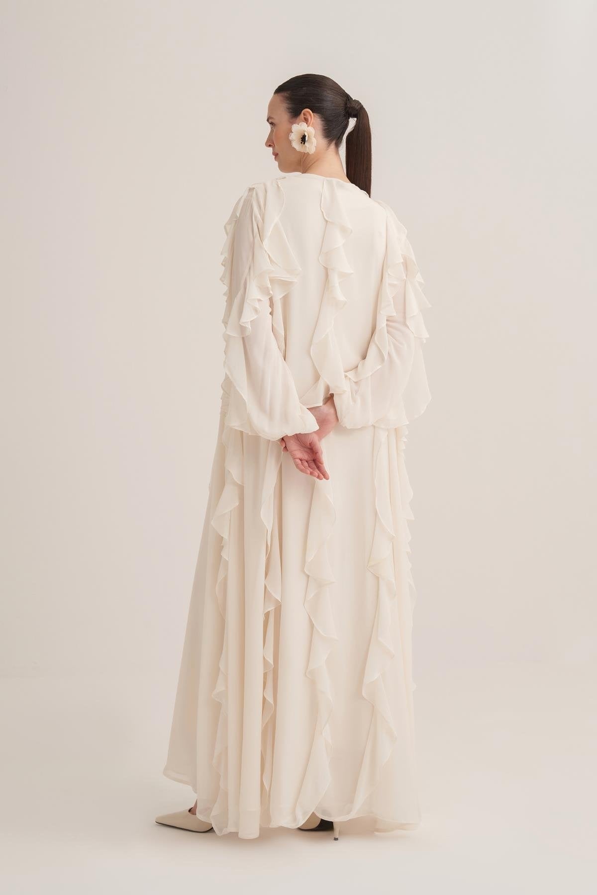 Chiffon Ruffle Open Abaya with Matching Scarf in Cream