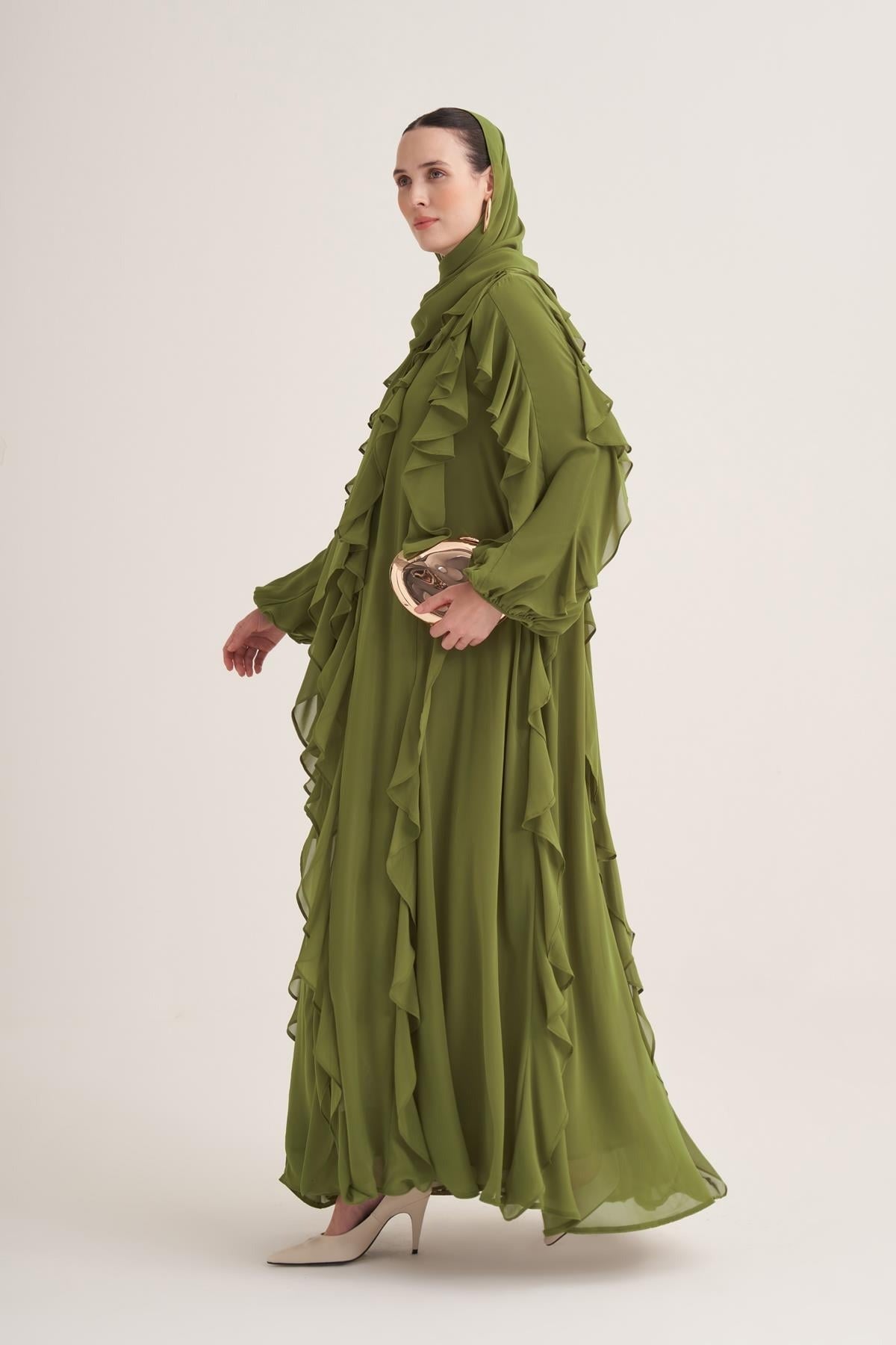 Chiffon Ruffle Open Abaya with Matching Scarf in Green