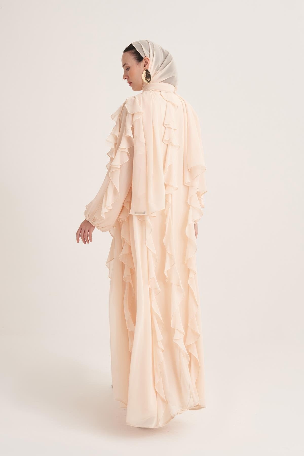 Chiffon Ruffle Open Abaya with Matching Scarf in Light Yellow