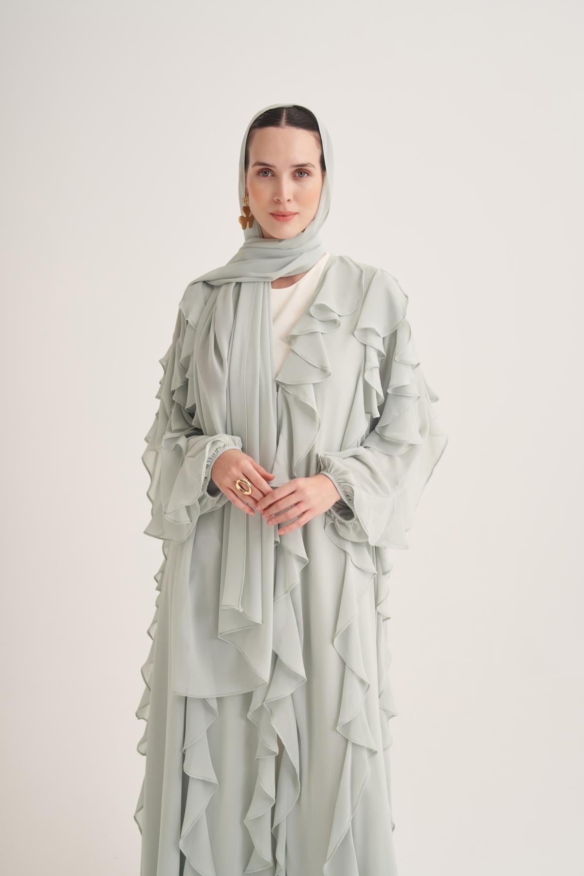 Chiffon Ruffle Open Abaya with Matching Scarf in Mint