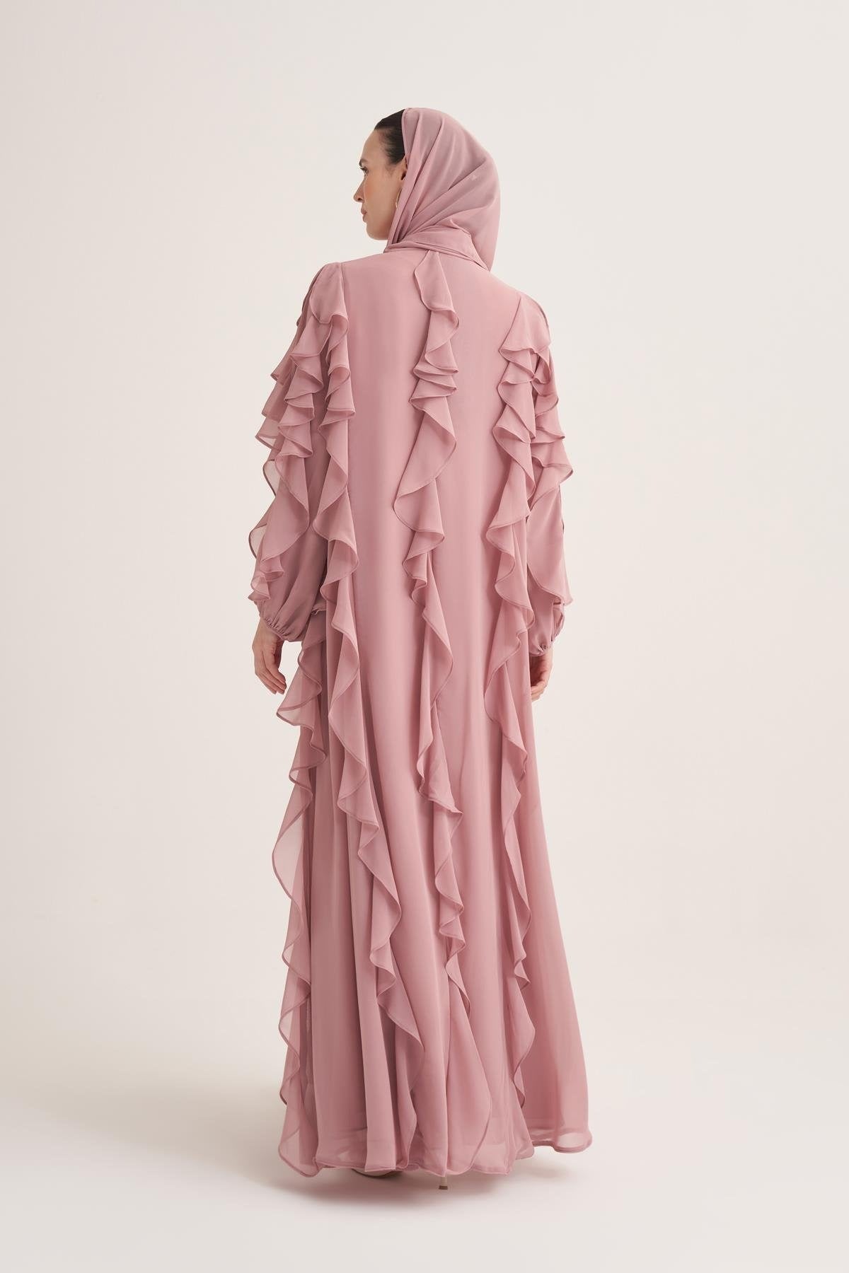 Chiffon Ruffle Open Abaya with Matching Scarf in Powder
