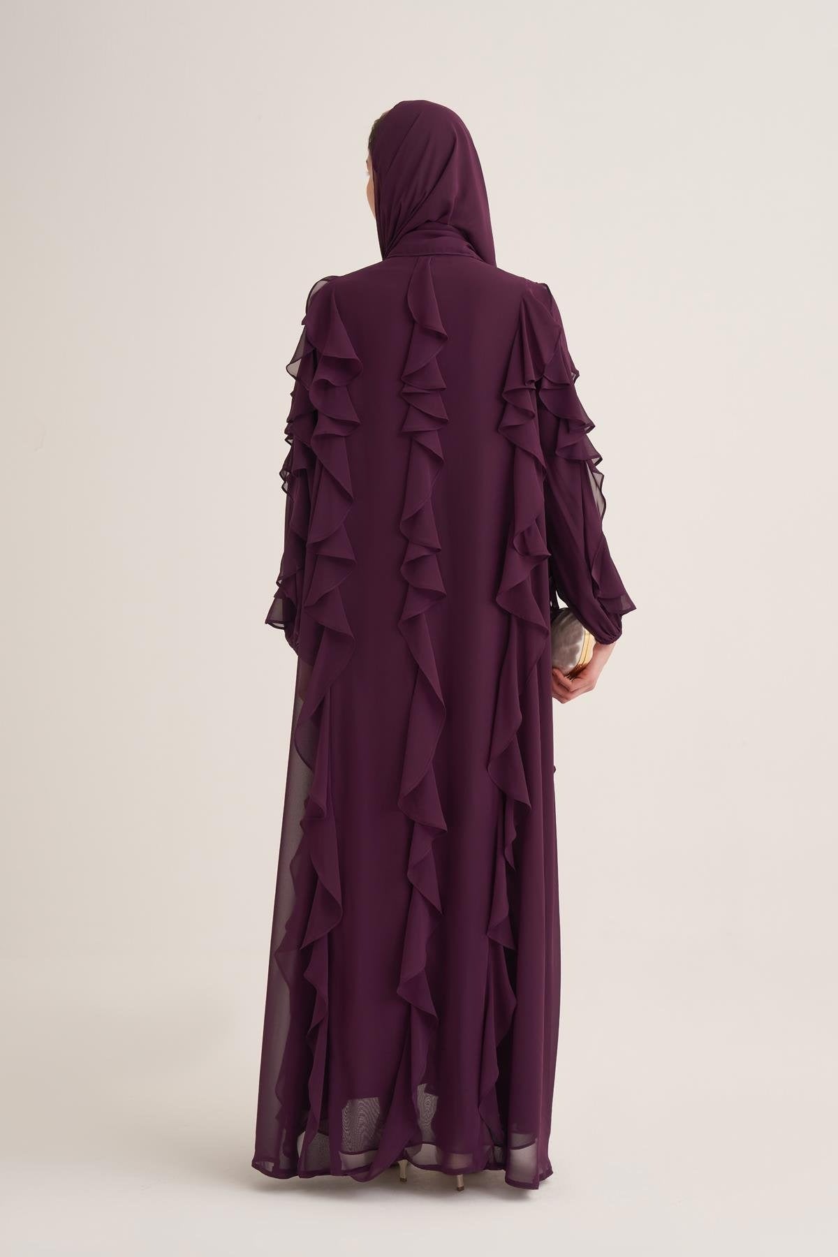 Chiffon Ruffle Open Abaya with Matching Scarf in Purple