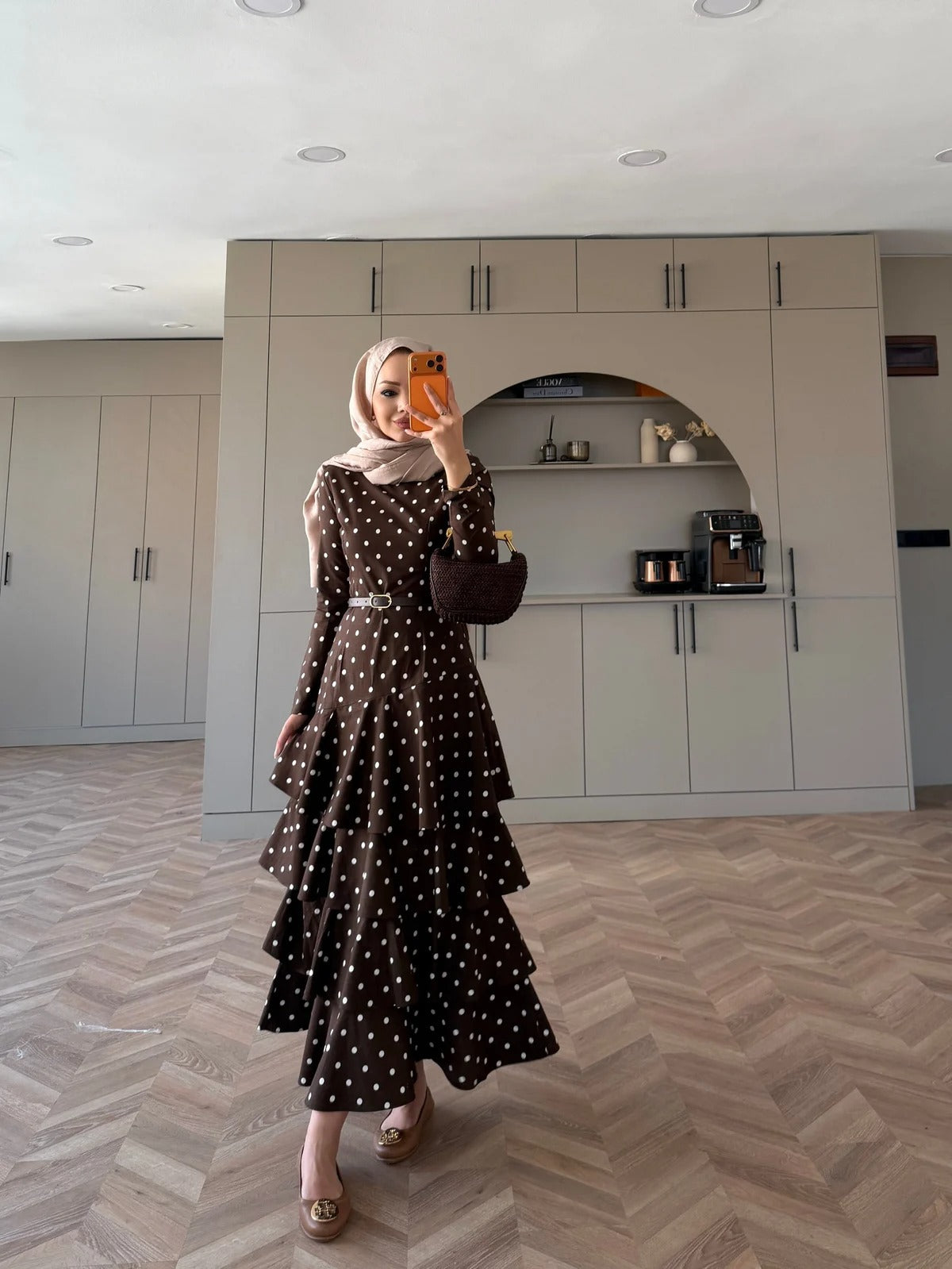 White Polka Dot Side-Tie Poplin Maxi Dress - Brown