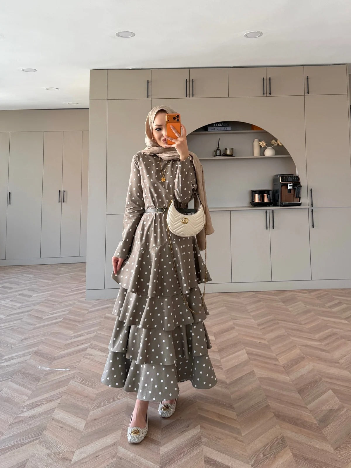 White Polka Dot Side-Tie Poplin Maxi Dress - Khaki