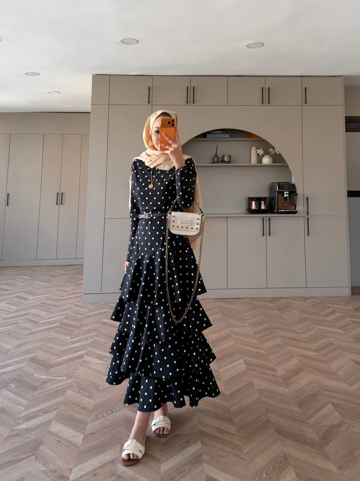 White Polka Dot Side-Tie Poplin Maxi Dress - Navy Blue