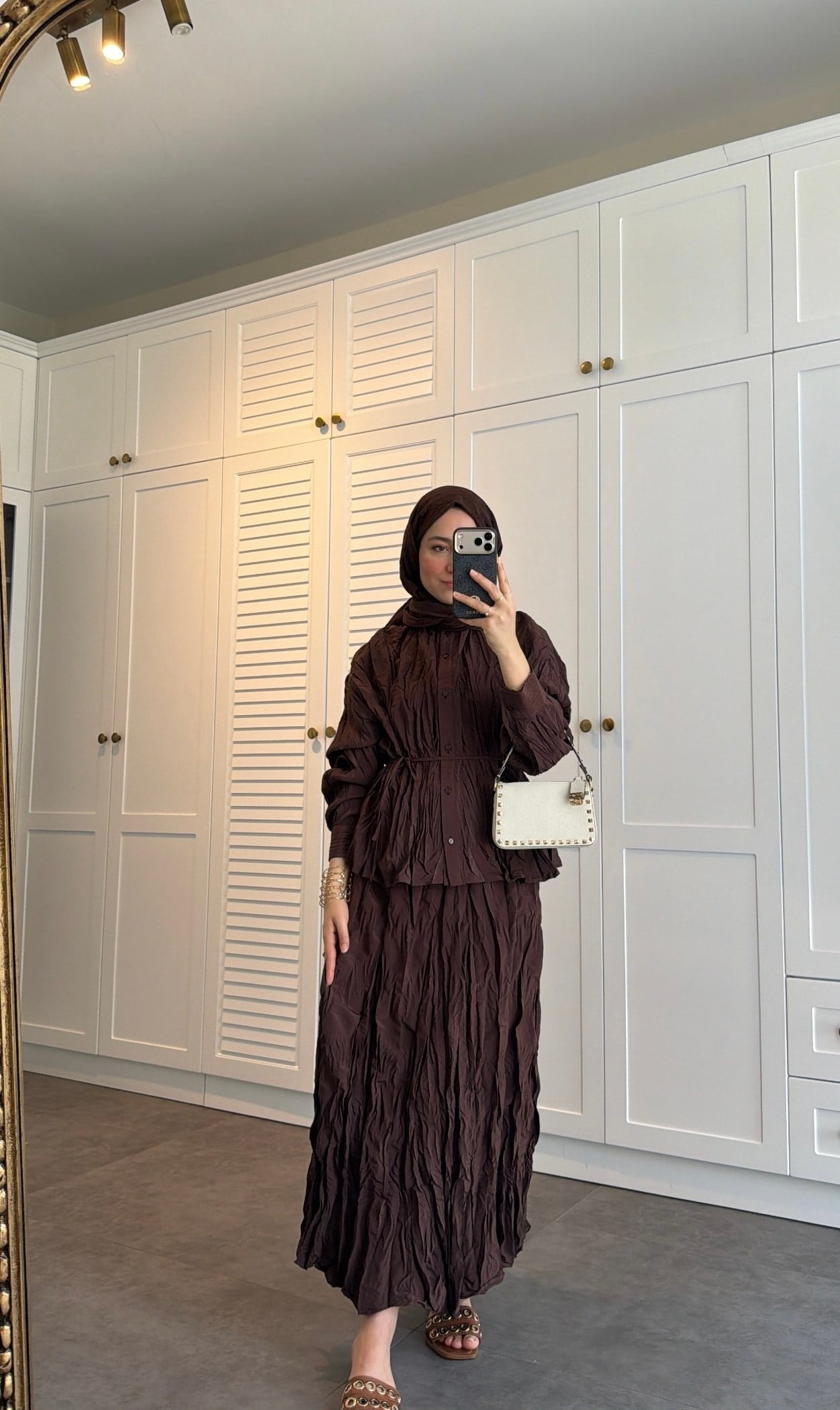 Brown Textured Crinkle-Effect Shirt & Maxi Skirt Co-ord Set