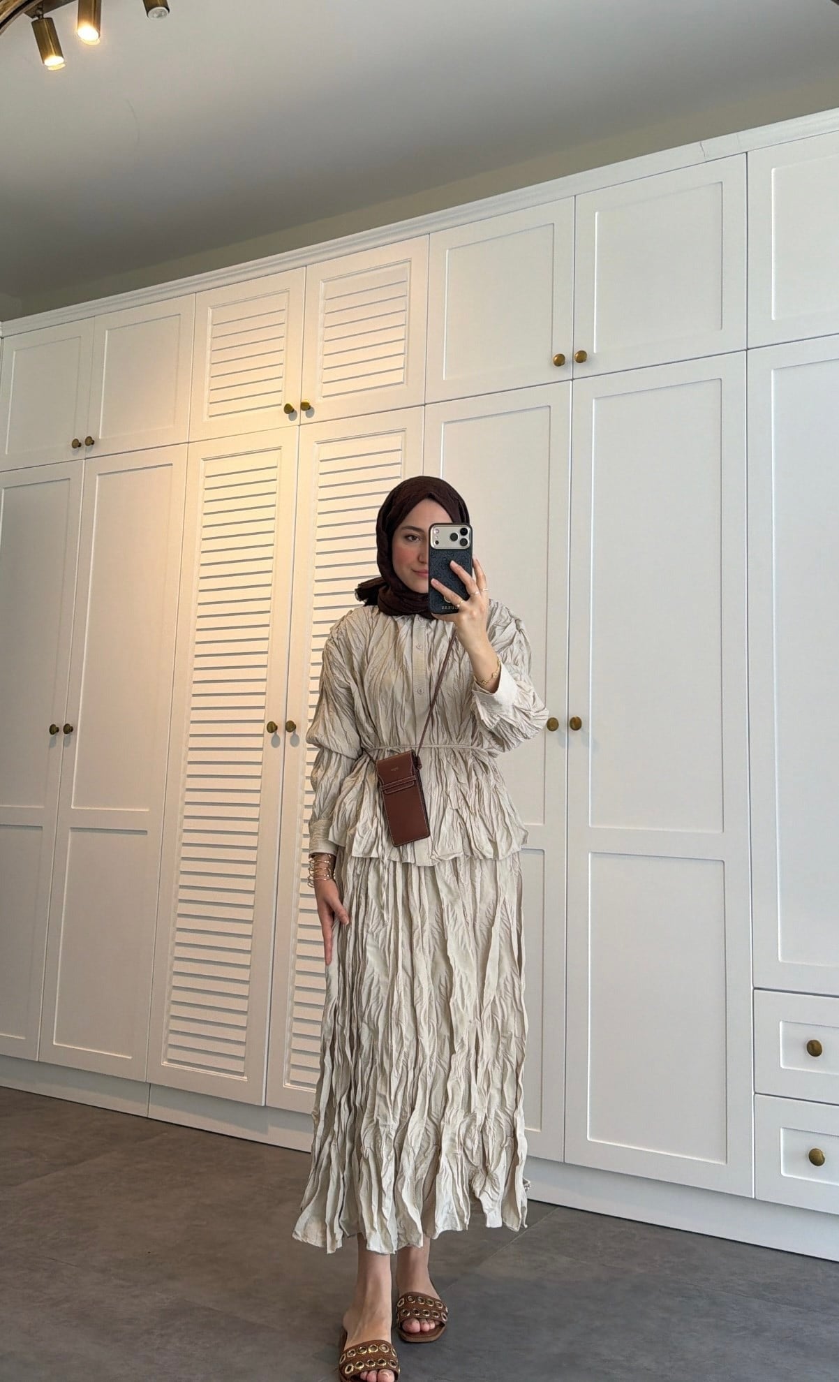 Beige Textured Crinkle-Effect Shirt & Maxi Skirt Co-ord Set