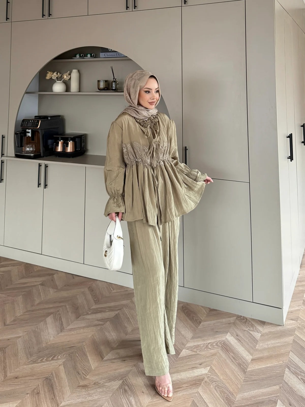 Nada Lace Detail Two-Piece Set – Khaki