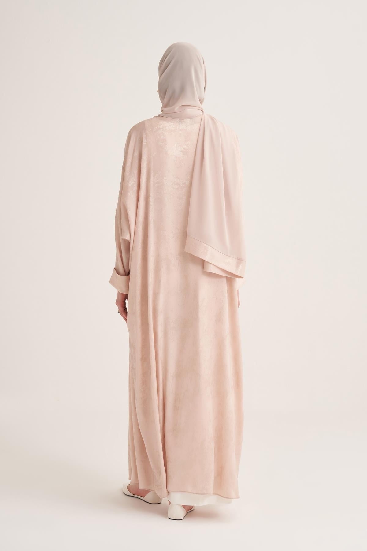 Gold-Textured Open Abaya in Cream with Matching Scarf