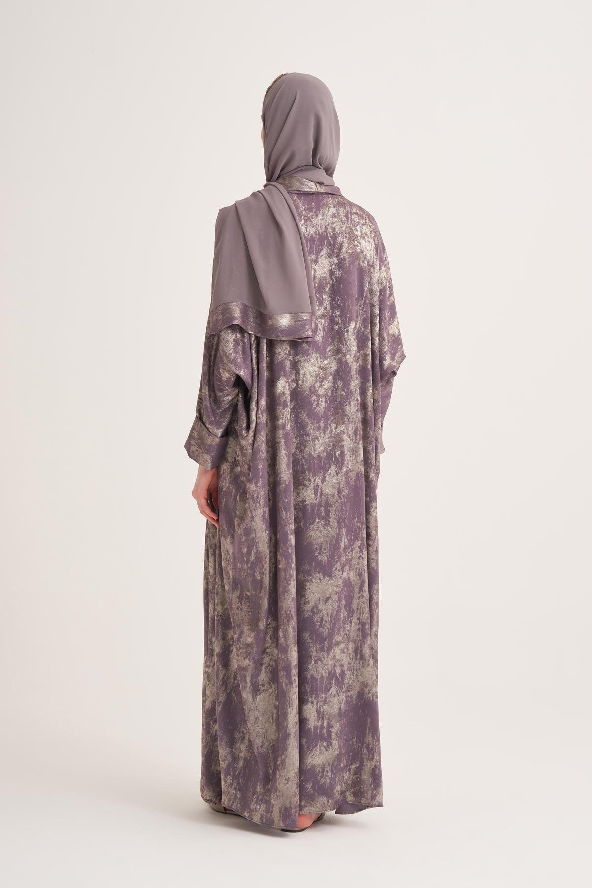 Gold-Textured Open Abaya in Dark Mink with Matching Scarf
