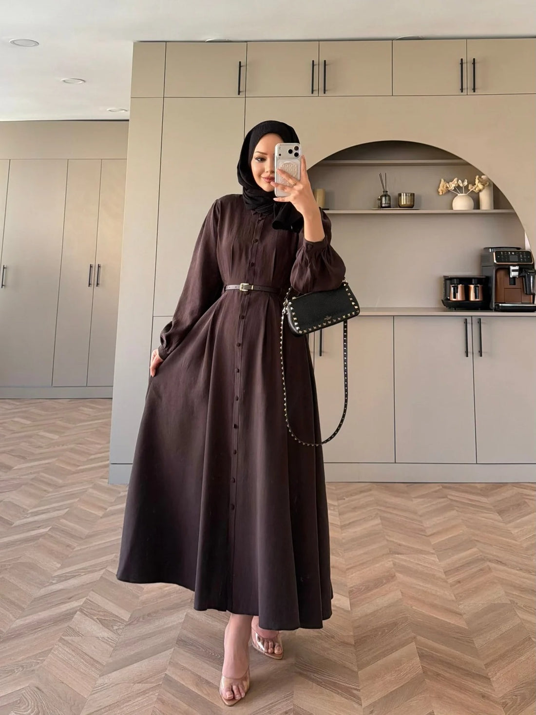 Pearl Belted Maxi Dress in Brown