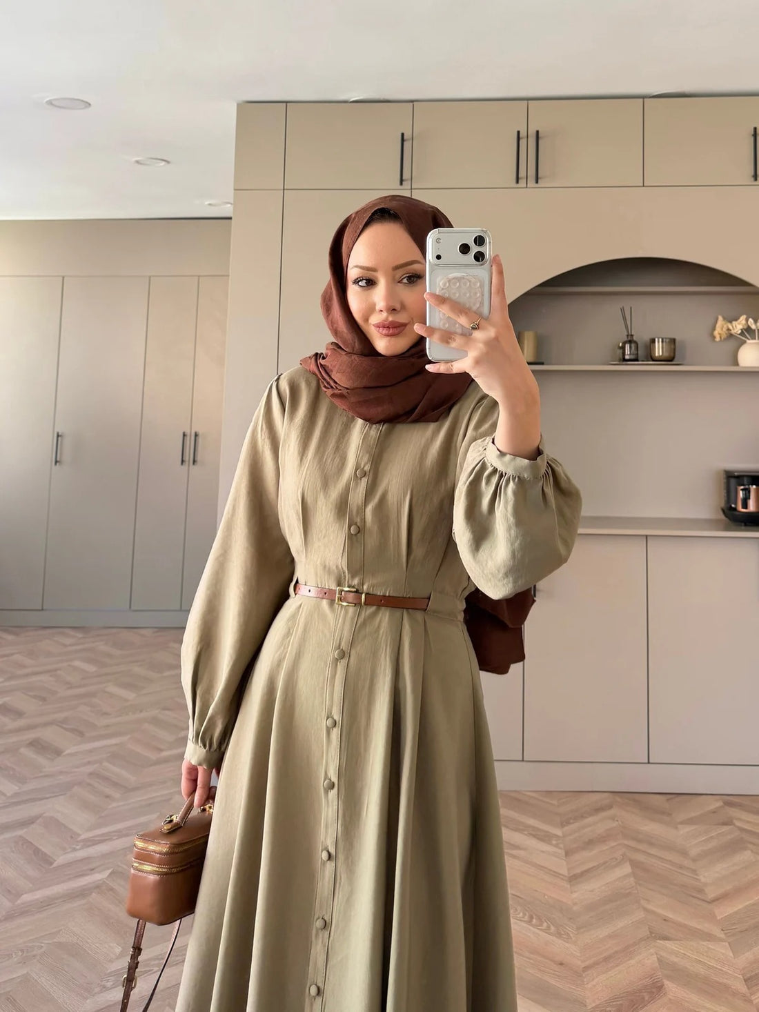 Pearl Belted Maxi Dress in Khaki