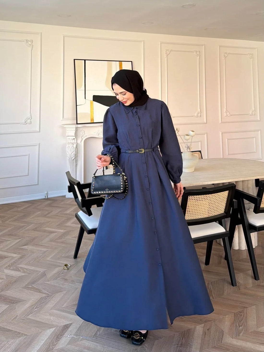 Pearl Belted Maxi Dress in Navy Blue