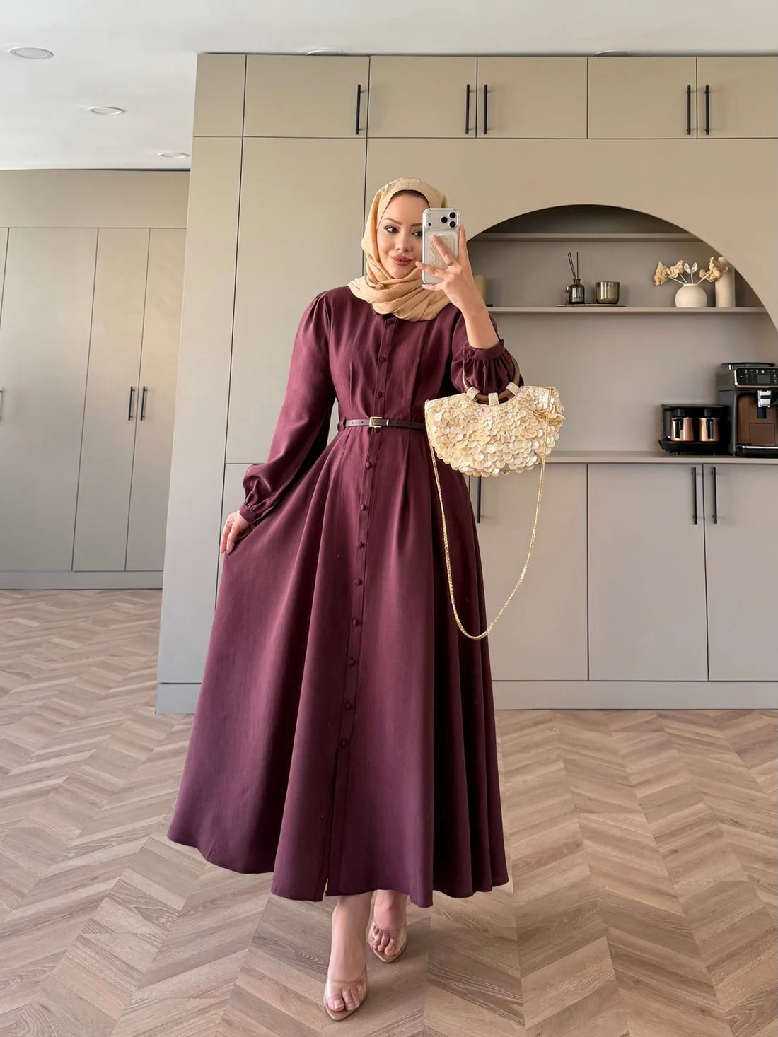 Pearl Belted Maxi Dress in Burgundy