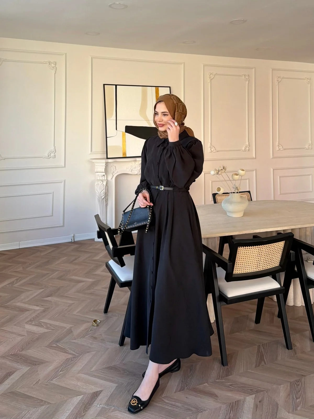 Pearl Belted Maxi Dress in Black