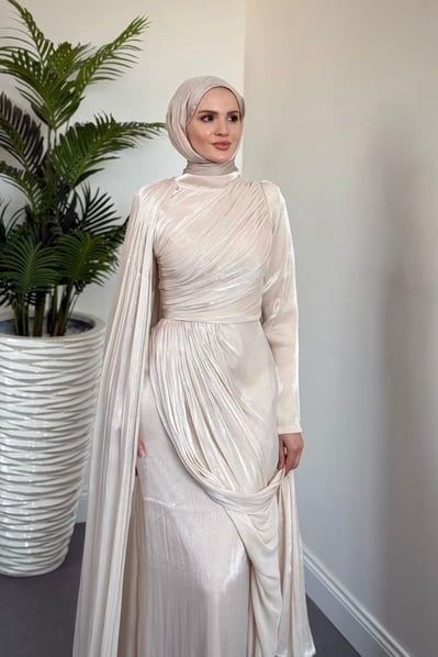 Cream One Shoulder Draped Evening Dress with Cape Detail