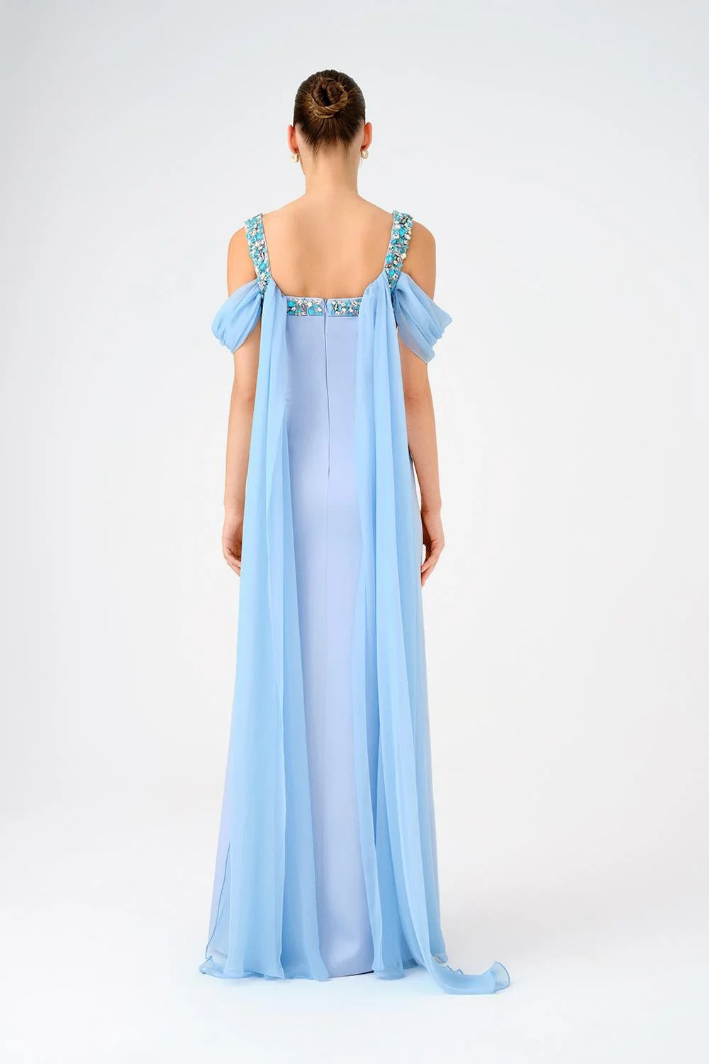 Chiffon Cape Stone Embroidered Long Evening Dress with Straps