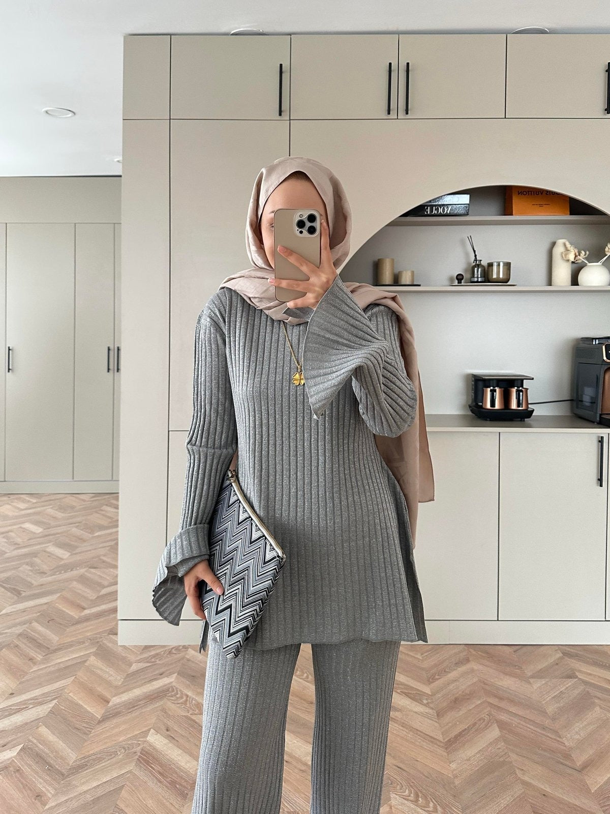 Sally Shimmer Knit Two-Piece Set – Gray