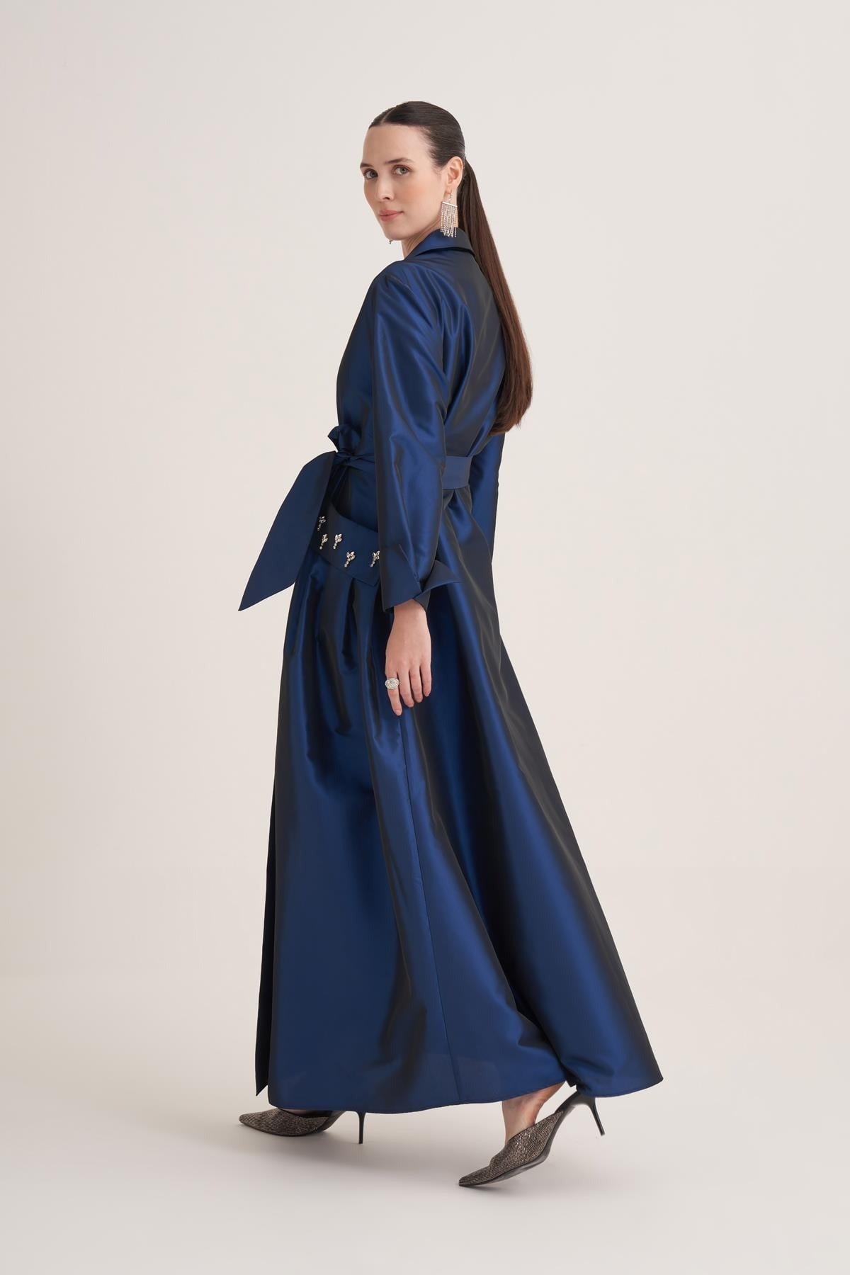Royal Blue Satin Wrap Abaya with Handmade Embellished Crystal Pocket Detail