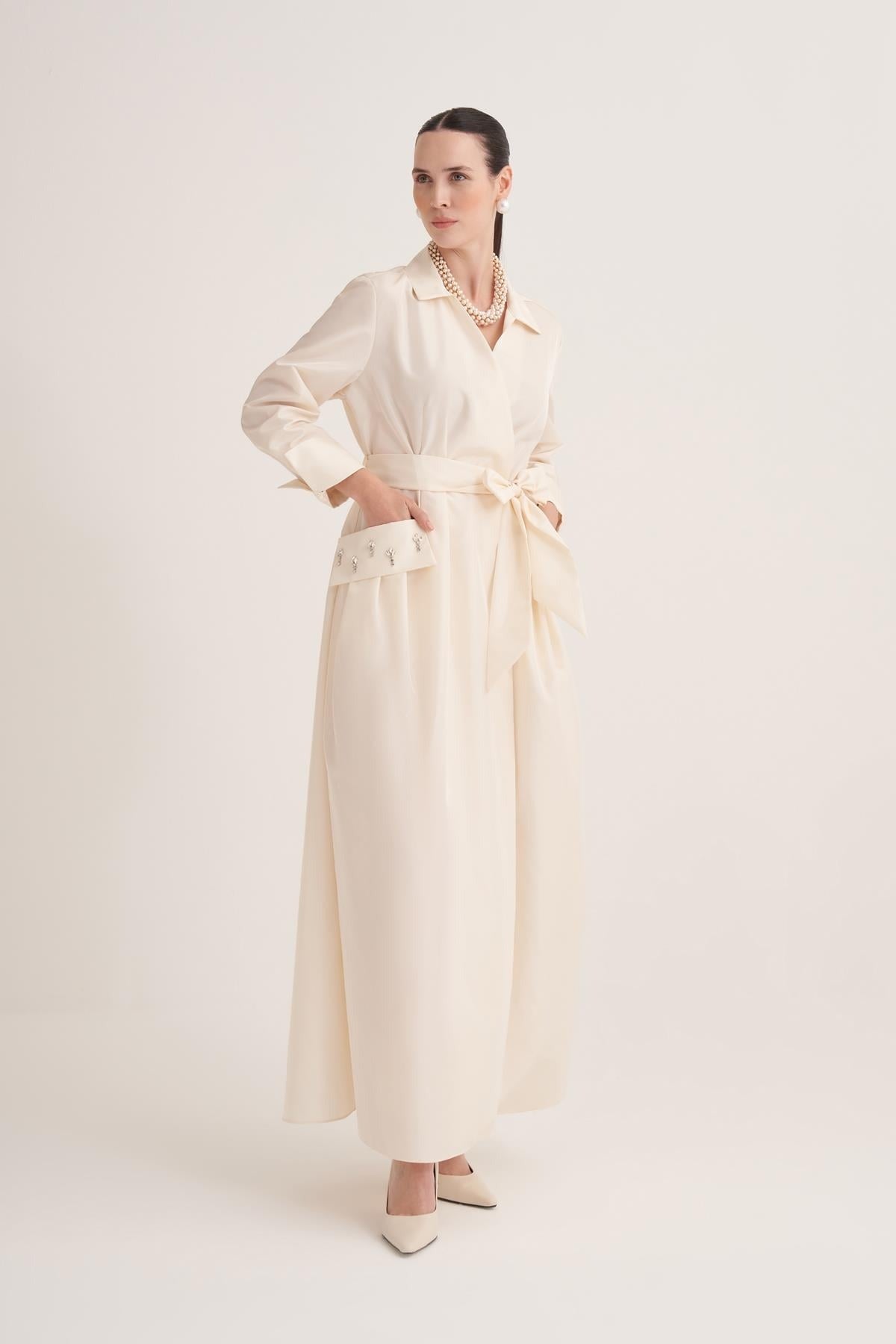 Cream Satin Wrap Abaya with Handmade Embellished Crystal Pocket Detail