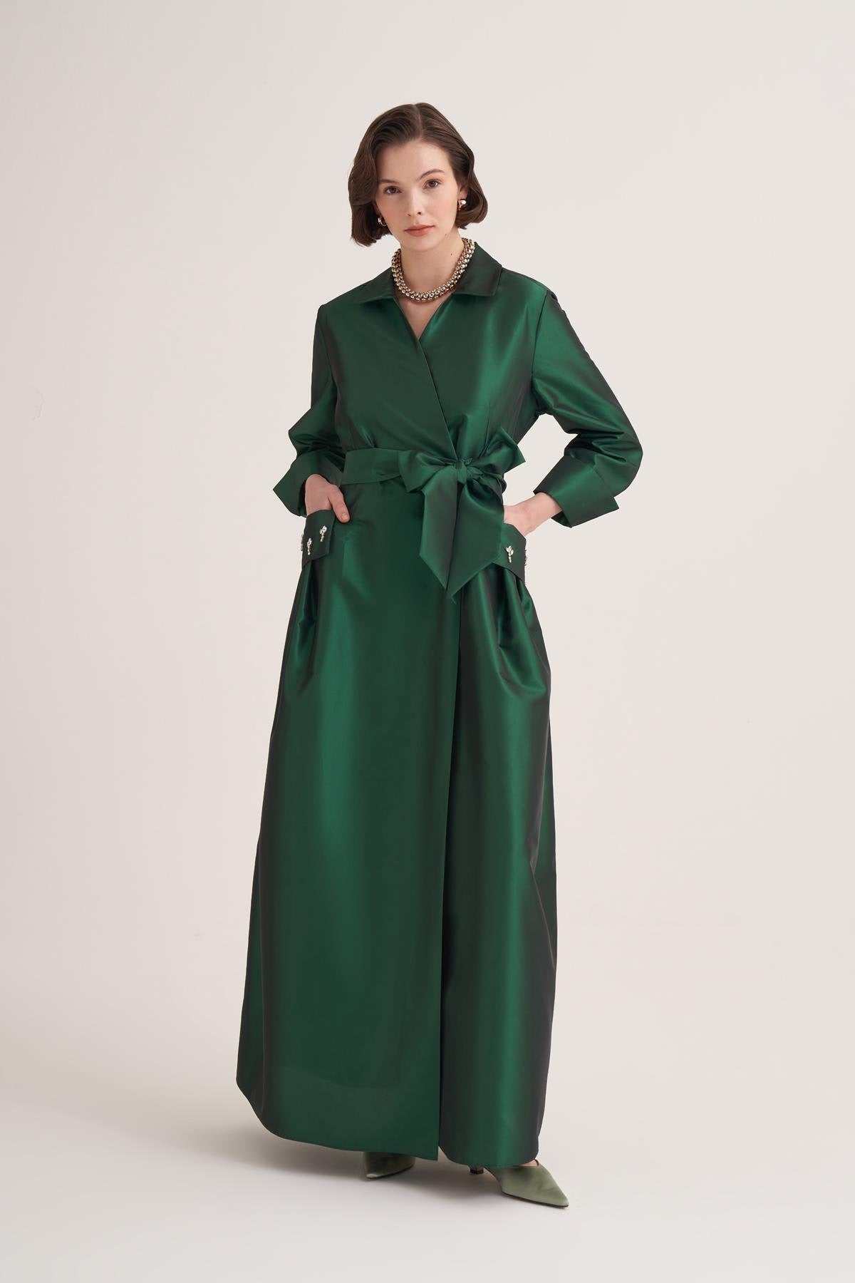 Emerald Satin Wrap Abaya with Handmade Embellished Crystal Pocket Detail