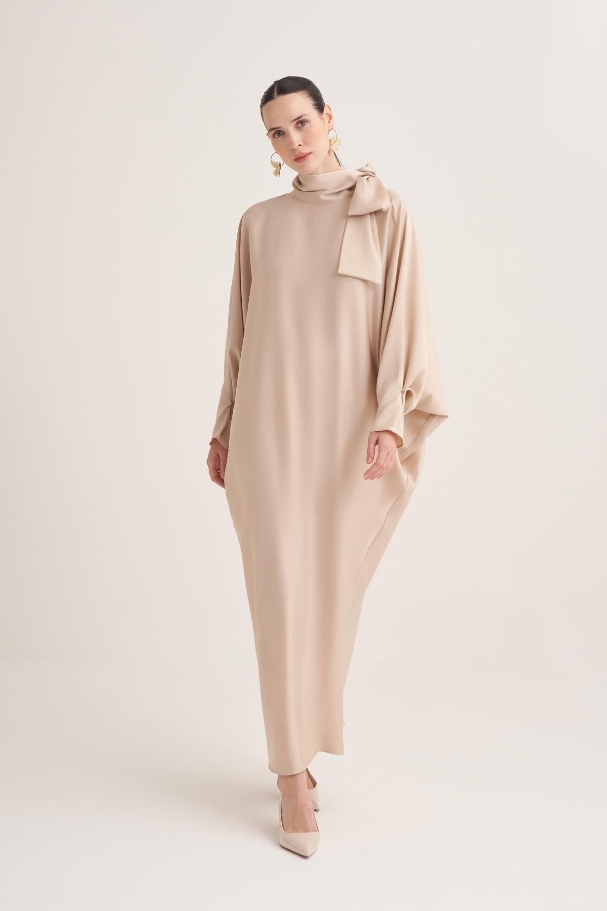 Beige Satin Batwing Sleeve Maxi Dress with Bow Neck Detail