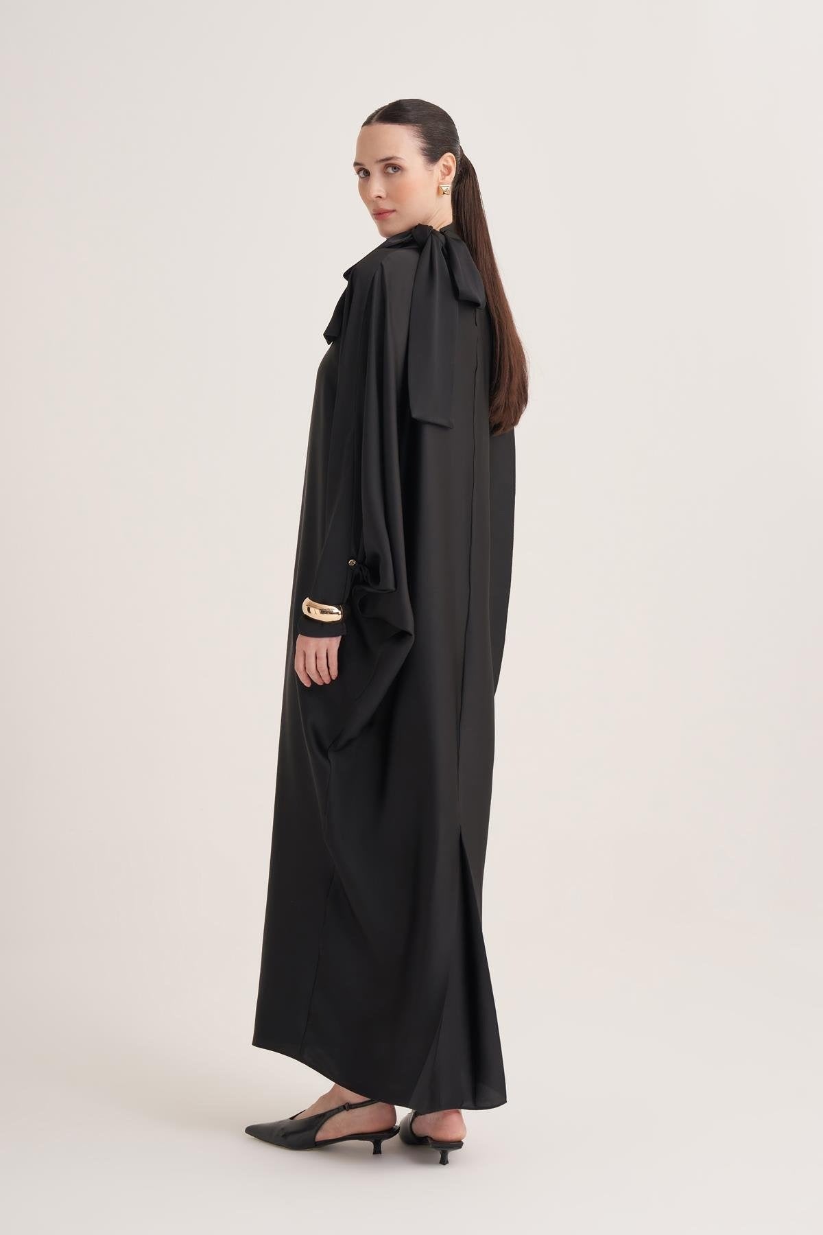 Black Satin Batwing Sleeve Maxi Dress with Bow Neck Detail