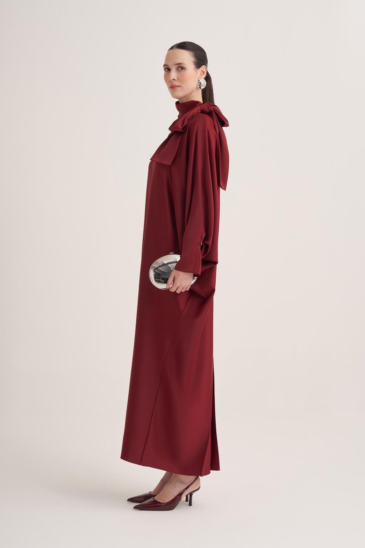 Burgundy Satin Batwing Sleeve Maxi Dress with Bow Neck Detail