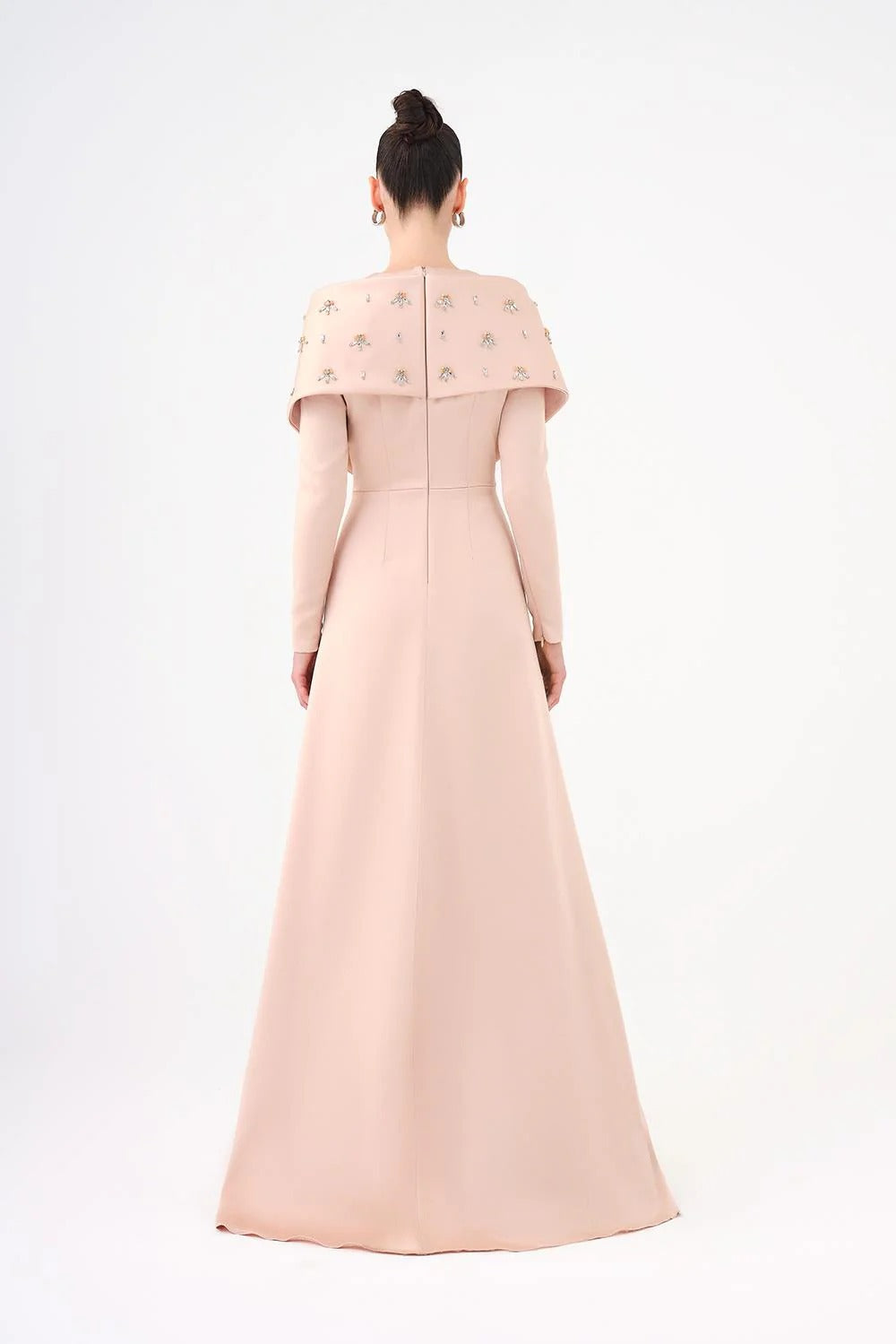 Embellished Satin Long Evening Dress with Shawl-Champagne